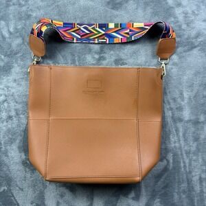 Threaded Pear Cognac Faux Leather Tote Bag Colorful Woven Strap Boho Purse